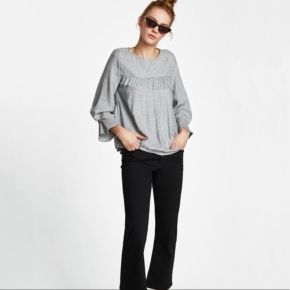 Zara Basic Grey Pearl Embellished Long Sleeve Blouse - Picture 14 of 15